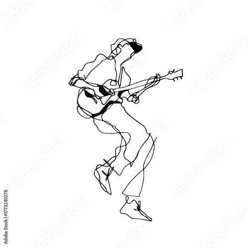 Abstract line art depicting a musician playing an electric guitar in a dynamic pose and expression