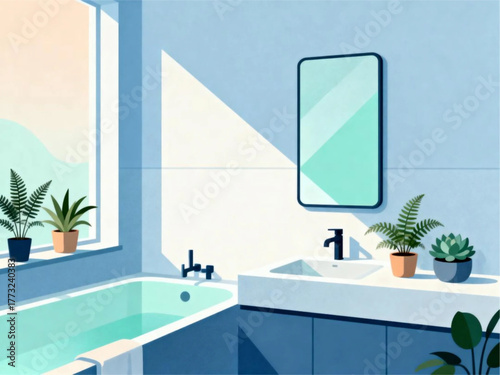 Inviting Modern Bathroom Illustration with Bright Sunlit Window, Lush Houseplants, and Minimalist Design, Ideal for Relaxation and Tranquility