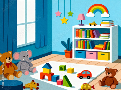 A vibrant children's playroom filled with colorful toys, books, and educational blocks