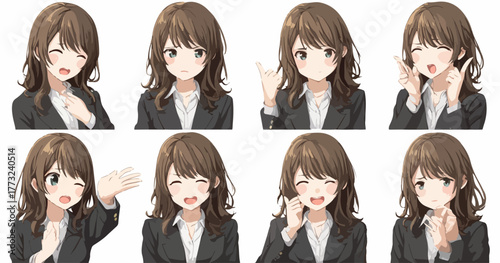 Animated Japanese woman in business attire displays a variety of cheerful and expressive emotions.