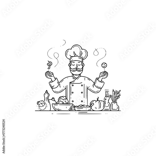 Chef juggling food with vegetables and cooking oil in a kitchen illustration with black and white lines