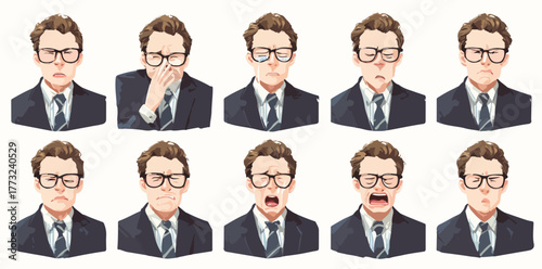 Man in suit and glasses displays various emotions, from anger to surprise and disgust.
