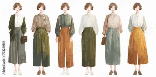 Fashionable women's outfits in a vintage watercolor style, showcasing diverse clothing combinations.