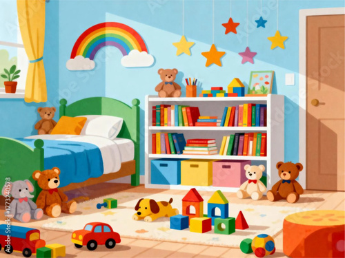 Colorful children's bedroom with toys, rainbow, and star decorations for playtime and fun