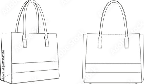 Handbag, technical drawing, flat sketch, vector illustration, CAD design, fashion accessory, tote bag, structured shape, front seam, leather purse, stylish design