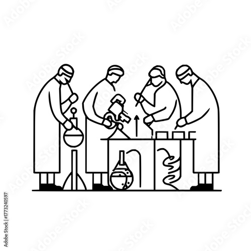 Illustration of four scientists in lab coats conducting experiments with lab equipment and glassware