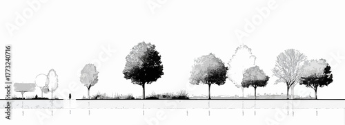 Stylized line art depicts a serene landscape with trees and a solitary figure enjoying nature.