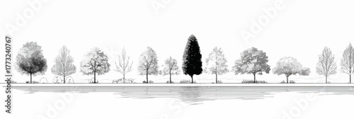 Elegant monochrome vector art presenting a serene forest edge with varied tree shapes and a striking dark focal point, offering a sophisticated natural design element.