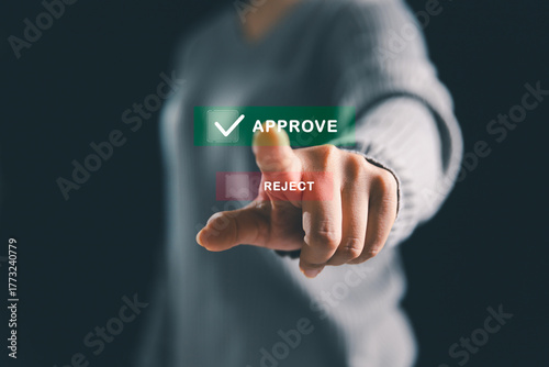 Businesswoman ticking correct mark to approve project, management concept examination, survey, technology ensure business certification standard, successfully passes inspection approved and accepted.