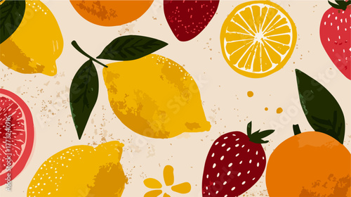 A vibrant vector illustration displays a delightful seamless pattern of fresh lemons, juicy strawberries, and oranges, enhanced by a charming textured look.
