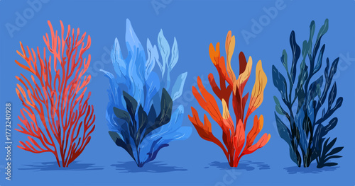 A vibrant collection of diverse underwater plants and coral formations rendered in a colorful vector illustration style.