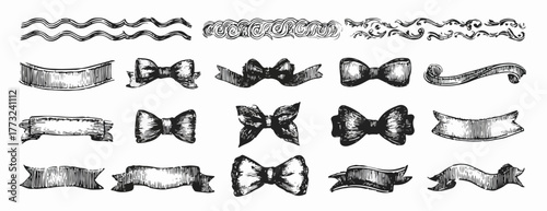 A versatile collection of elegant hand-drawn vector ribbons, decorative bows, and vintage borders, ideal for diverse design projects.
