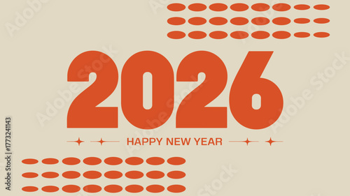 Happy new year 2026 greeting with orange text and abstract pattern