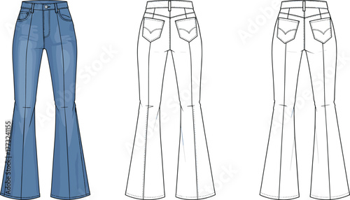 High waist flared jeans vector, women’s denim pants flat fashion sketch with back yoke, pockets, and technical stitch details