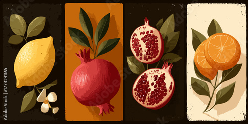 A vibrant vector illustration showcases a delightful collection of fresh citrus fruits and pomegranates in an artistic, modern composition.