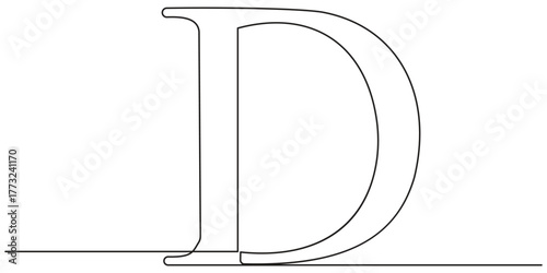 Continuous one line drawing of capital letter D art. Educational handwriting illustration for children to learn letter formation and writing direction. Minimalist black line art on a white background.