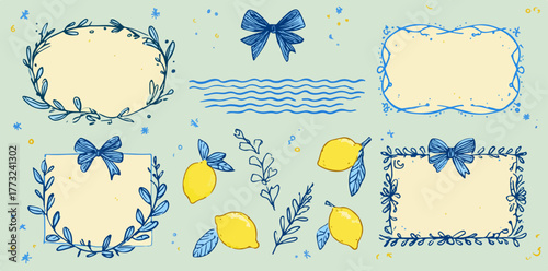 An elegant vector graphic resource featuring a delightful assortment of decorative frames, fresh lemons, botanical elements, and charming blue bows for various creative design projects.