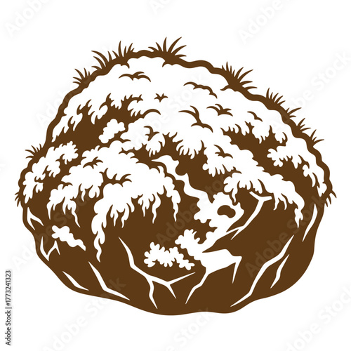 Brown vintage art illustration of a bushy tree with detailed leaves and grass texture