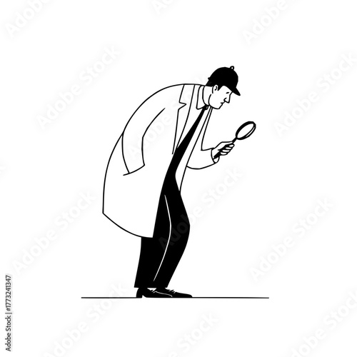 Illustration of a detective in a coat and bowler hat using a magnifying glass for investigation work