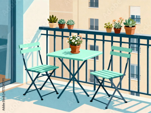 Charming Urban Balcony Scene with Bistro Table and Chairs, Adorned with Lush Potted Plants for a Peaceful Outdoor Retreat