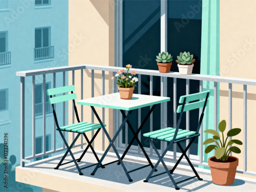 Charming urban apartment balcony with a cozy bistro set, potted flowers, and succulent plants on a sunny morning