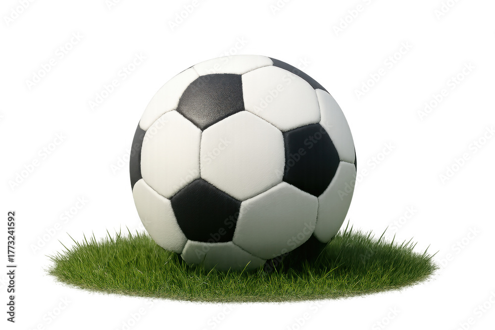 Fototapeta premium Football balancing on a small patch of green grass. Sport, game, and competition concept with a transparent background