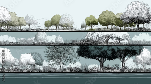 A beautifully rendered vector illustration showcasing diverse tree lines and natural landscapes, perfect for various environmental or design-focused projects.