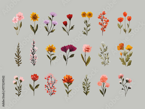 An exquisite assortment of hand-drawn vector flowers and botanical elements, ideal for adding a touch of natural beauty to spring and summer designs.