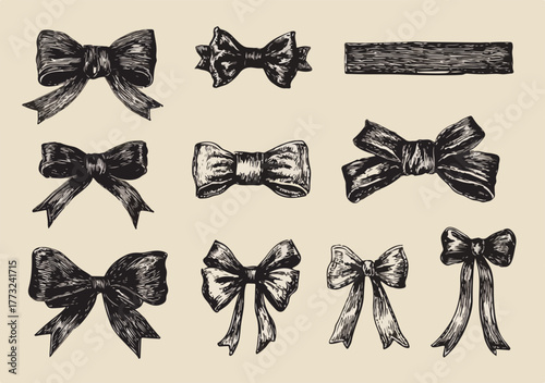 A charming collection of hand-drawn vintage bows and elegant ribbons, perfect for adding a touch of classic style to any festive design or special occasion.