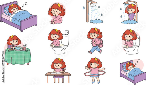 Cartoon girl daily routine, morning to night activities, hygiene, eating, studying, playing, sleeping, child lifestyle, educational sequence, habits