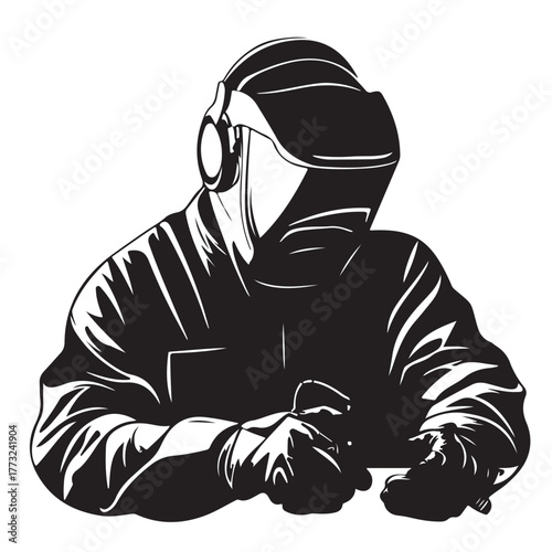 welding logo vector silhouette design, welder logo icon silhouette, vector silhouettes of workers welding metal, fabrication work vector silhouette logo design on white background