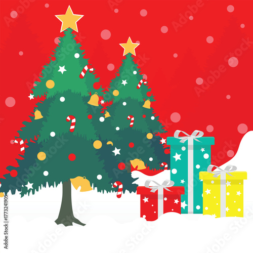 Christmas Celebration Background, Christmas Tree and Gift Boxes, Christmas Square Background