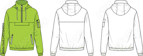 Hooded anorak jacket technical flat, men’s half zip windbreaker CAD drawing vector, kangaroo pocket, sleeve pocket, front back views