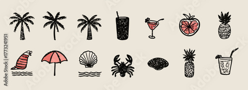 A delightful collection of hand-drawn summer and tropical vector icons, perfect for vacation-themed designs and digital projects.
