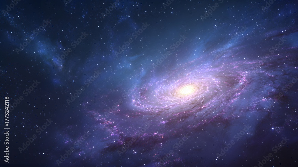 Fototapeta premium Brilliant spiral galaxy illuminates the deep indigo expanse of outer space
