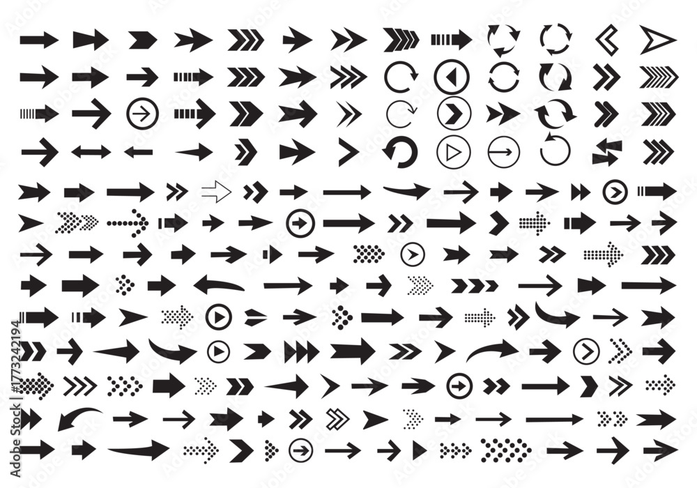 Naklejka premium Arrow icon set, arrow cursor collection, black arrows icons vector set. Set of big black vector arrows. Arrow icon. Mega set of vector arrows. Set of many different arrow icon. Black long arrow icon.