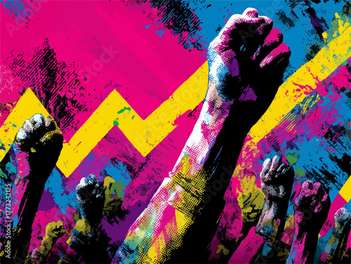A powerful vector illustration of raised fists, symbolizing collective protest and the fight for social justice against a vibrant, abstract, grunge backdrop.