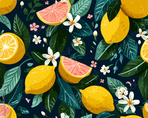 A vibrant vector seamless pattern showcasing fresh yellow lemons, pink grapefruit slices, lush green leaves, and delicate white blossoms on a dark background, perfect for summer designs.