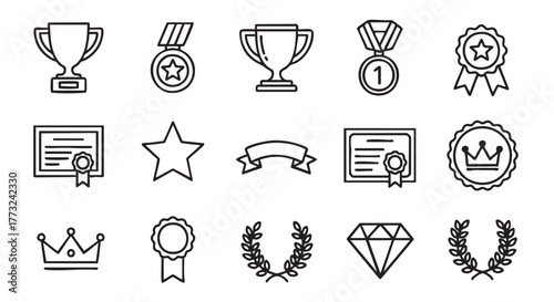 Awards and achievements vector line icons set for success celebration