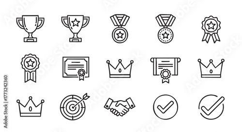 Awards and achievements line icons for success and recognition celebration