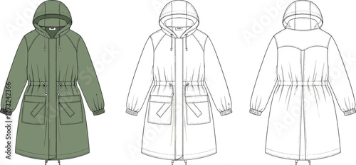 Hooded parka coat fashion flat sketch, vector technical drawing, drawstring waist long jacket, utility pockets outerwear CAD garment illustration