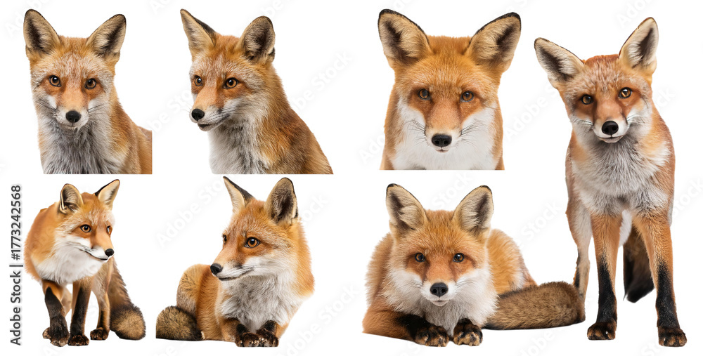 Obraz premium Collection of Various Fox Portraits on White Background, isolated on transparent background