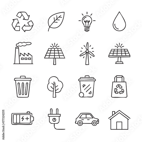 Black and White Outline Icons Depicting Environmental and Energy Themes