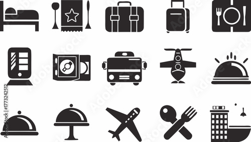 Travel and tourism icons for hotel, restaurant, and transportation needs in clean modern style