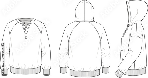 Hooded sweatshirt technical flat sketch, front back and side view, CAD drawing, vector apparel design template for fashion designers