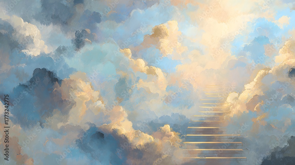 Obraz premium Celestial stairway ascends through richly textured, illuminated clouds bathed in soft light
