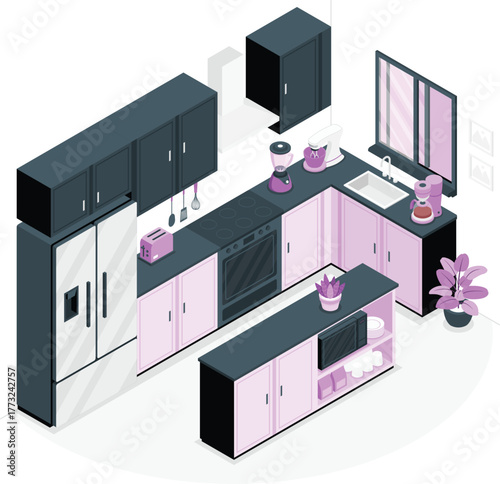 Isometric kitchen with appliances and cabinets interior