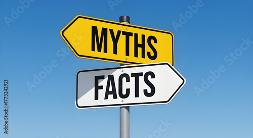 Choosing Between Myths and Facts Direction Signpost Against Blue Sky