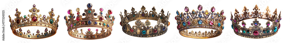 Naklejka premium Elegant Royal Crowns with Colorful Gemstone Details for Decoration, Isolated on Transparent, white background