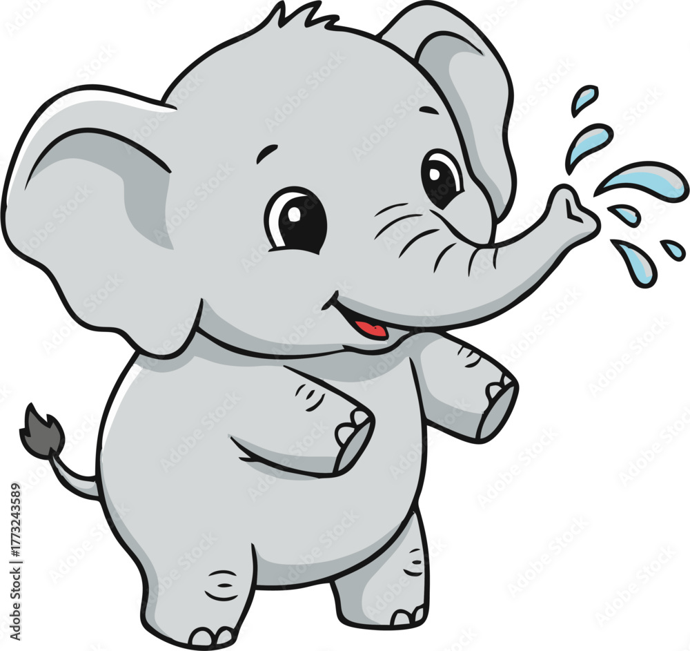 Naklejka premium Adorable baby elephant cartoon character playfully squirting water, perfect for children's books, educational materials, and fun animal-themed designs